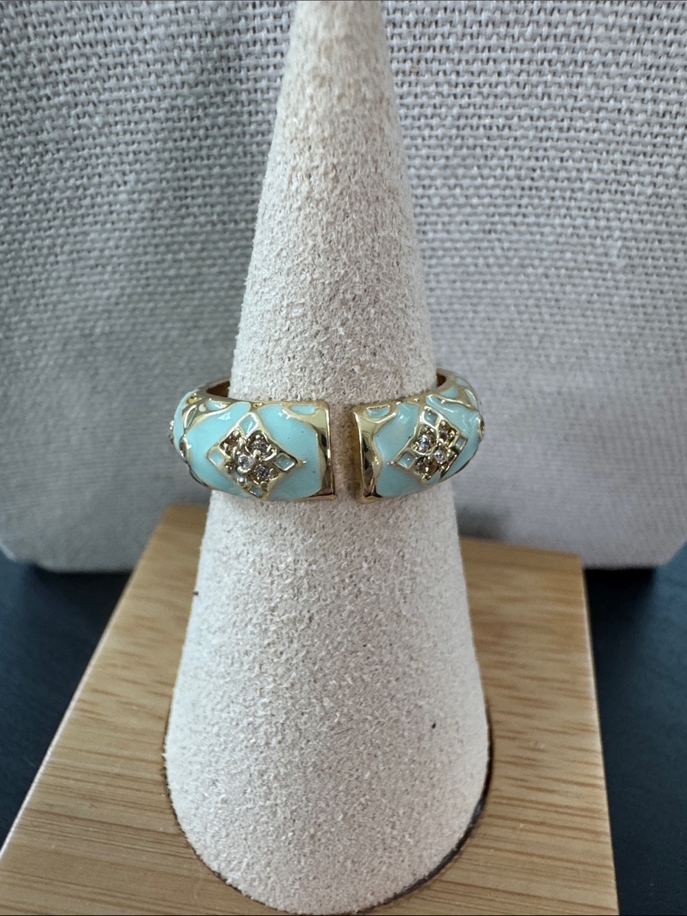 Gold-Tone Mint Enamel Dome Ring with Crystal Accents - Picture 2 of 3